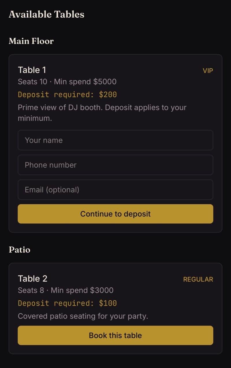 ReserveLoop booking page: guests pick a table, see the deposit, and pay - no account required