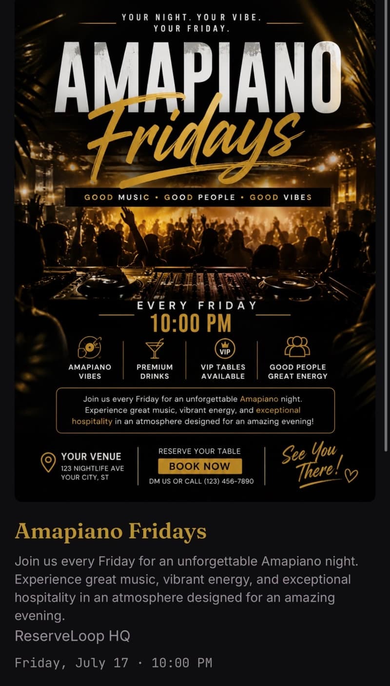 ReserveLoop event page: your flyer, date, and details on a shareable link